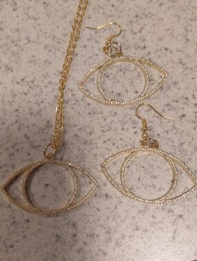 Gold Crystal Eye Pendant Necklace and Earrings Set